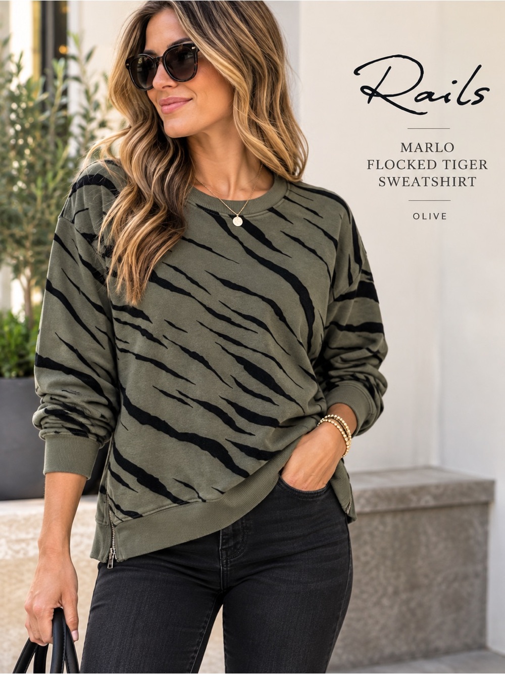 Rails Marlo Flocked Tiger Sweatshirt Olive Black Side Zip L